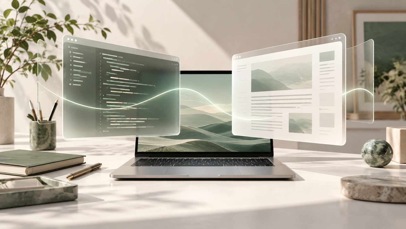 Code and document panels extend above a laptop on a sunlit desk, suggesting more room to work
